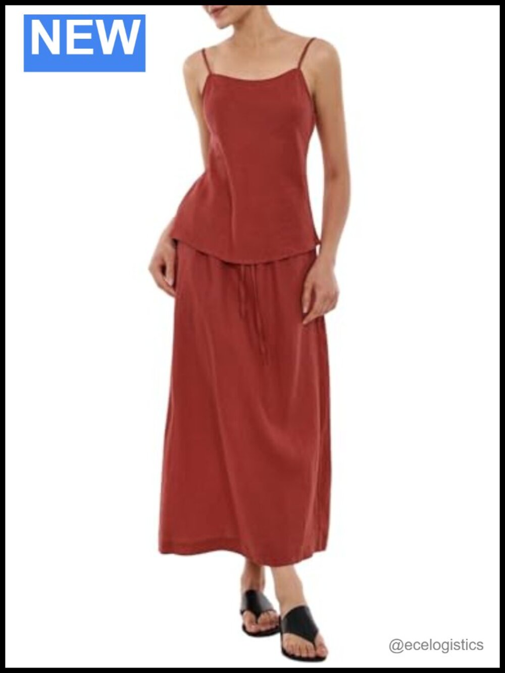 Women's 100% Linen Two Piece Set V-Neck Tank Top Midi Skirt Casual